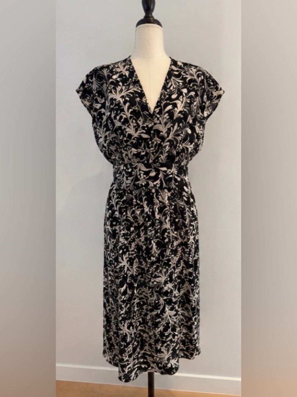 Black and Cream Floral Wrap-Style Women's Dress